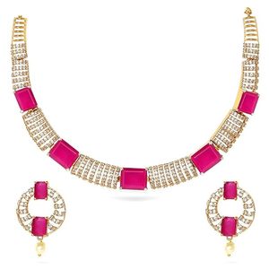 Ensemble collier et boucles d'oreilles géométriques plaqués or avec cristaux roses et perles d'imitation pour femmes, bijoux de fête - Product Image 1