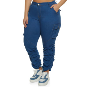 Plus Size Women's High Waist Blue Cargo <b>Jeans</b> Ankle-Length Loose Fit Casual Style With Pockets <b>Button</b> <b>Fly</b> Spandex Cotton - Product Image 6