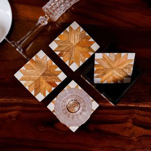 Modern Wooden Square Coasters <b>Set</b> with Leaf Pattern Non-Slip <b>Table</b> Mats <b>for</b> Coffee and <b>Dining</b> <b>Table</b> Decor - Product Image 1