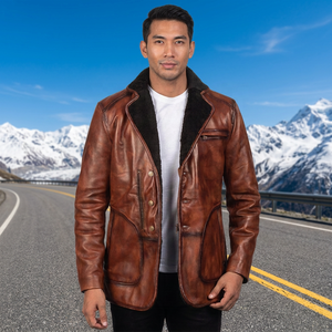 <b>Men's</b> Brown Genuine <b>Leather</b> <b>Jacket</b> With Faux Fur Lining Turn-down Collar Casual Winter Outerwear Regular Fit Single Breasted - Product Image 3