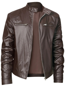 Chaqueta de cuero genuino azul para hombre, tejida, con logo frontal, capucha, cuello alto, cremallera, estilo motero, corte ajustado, color liso, primavera - Product Image 4