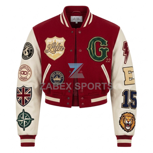 Custom Women's College <b>RED</b> COLOUR Style Varsity Jacket Embroidered Patch <b>Cropped</b> Fashion Jacket Wholesale Manufacturer - Product Image 1