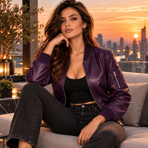 Blouson Bomber en Cuir Véritable pour Femme, Violet, Coupe Ajustée, Zippé, Style Motard, avec Poignets Côtelés, Vêtement d'Hiver de Luxe, Vente en Gros - Product Image 6