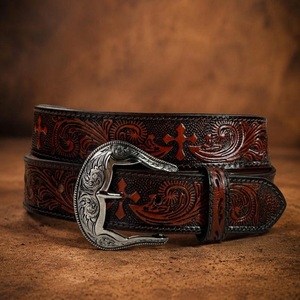Floral Pattern Embossed Western Leather <b>Belt</b> With Antique <b>Silver</b> Pin <b>Buckle</b> Ethnic Western Style Casual Tooled Leather <b>Belt</b> - Product Image 2