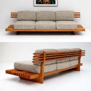 Mid-Century Modern Slatted Wood 3 Seater <b>Sofa</b> | Japanese Minimalist Solid Oak <b>Bench</b> Couch | Designer Low-Profile 3 seater <b>sofa</b> - Product Image 2