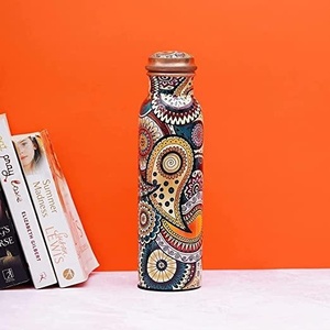 Botella de Agua de Cobre Puro Estampada, Forma Ergonómica Curva, Patrón Étnico, Frasco de Cobre Esmaltado - Product Image 3