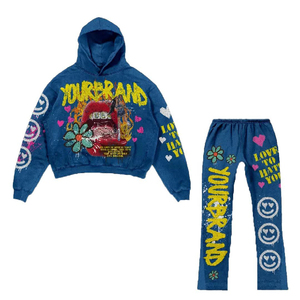 Conjunto de Sudadera con Capucha y Pantalones Acampanados de Talla Grande para Hombre, Estilo Urbano, Ropa Personalizada con Estampado de Serigrafía Intensa y Lavado Ácido - Product Image 3