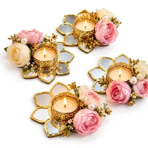 Golden Floral Tea <b>Light</b> Holder with Pink <b>Roses</b> and Mirrored Petals for Wedding Home Decoration - Product Image 6