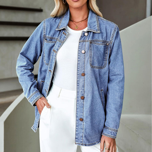 Plus Size Knitted Denim Shirt Women Skinny Long <b>Top</b> <b>Asymmetrical</b> <b>Hem</b> Two Pocket Vintage Casual Winter Front Button Eco-Friendly - Product Image 3