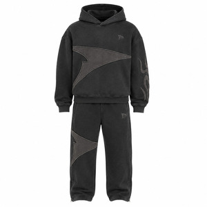 <b>Boys</b> Black Hooded Tracksuit Set Geometric Applique Design Full Length Sweatshirt And Pants Streetwear Style - Product Image 1
