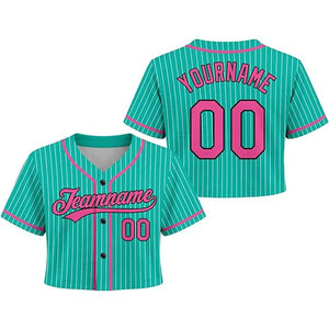 Camiseta de Béisbol Corta Personalizada con Rayas en Rosa y Aqua para Mujeres, Jóvenes y Niños, con Nombre, Número y Logotipo Personalizados - Product Image 1