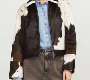 Chaqueta clásica de piel de vaca para mujer, de alta costura, en blanco y negro, con cremallera, estilo urbano, de moda, auténtica. - Product Image 5