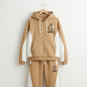 <b>Women's</b> Khaki <b>White</b> Color Zip Hoodie Tracksuit Set Fleece <b>Jogger</b> Pants Casual Streetwear Custom Private Label Apparel - Product Image 2