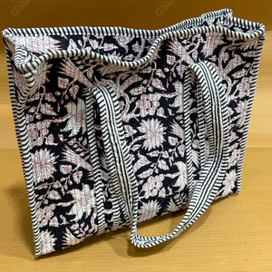 Handcrafted Quilted Black Floral Tote <b>Bag</b> Printed Fabric Shoulder Handbag <b>Lightweight</b> Everyday Carry Designer Shopping <b>Bag</b> - Product Image 1