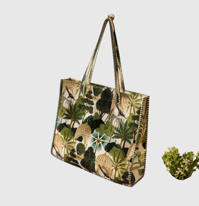 Sac fourre-tout en toile brodée style bohème avec imprimé tropical à panneaux, sac de shopping pour femme toutes saisons, fermeture ouverte - Product Image 2
