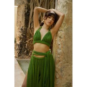 Vestido Maxi Halter Verde de Alta Calidad, Tejido, con Abertura Alta, Sin Mangas, Holgado, para Fiesta de Verano, Color Sólido, ODM - Product Image 4
