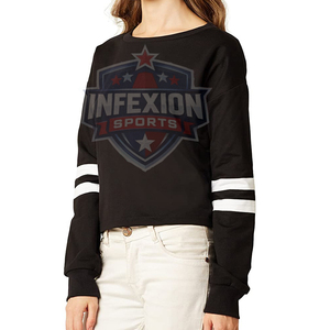 Sweat-shirt noir à manches longues et col rond pour femme avec rayures blanches sur les manches, haut tricoté décontracté à col rond, coupe régulière, vêtement d'automne - Product Image 4