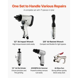 Kit de Accesorios para Herramientas Neumáticas Pro de 71 Piezas, Llave de Impacto de 1/2'', Llave de Trinquete de 3/8'', Amoladora de 1/2'', Juego de Herramientas de Impacto de 4500 BPM - Product Image 2