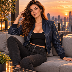 <b>Women</b>’s Genuine Leather Bomber <b>Jacket</b> Blue Slim Fitted Zip-Up Biker Motorcycle Coat Ribbed Cuffs <b>Utility</b> Sleeve Pocket Fashion - Product Image 6