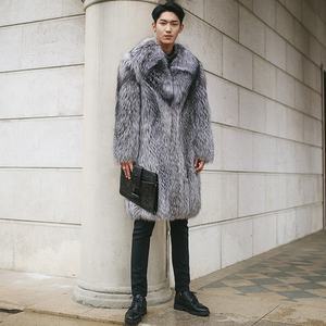 Manteau long en fausse fourrure de renard pour homme, longueur genou, duveteux, pour l'hiver, gris uni - Product Image 3