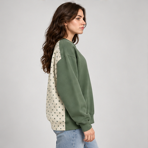 Sweat-shirt surdimensionné vert beige à pois fendus pour femme, col rond, épaules tombantes, manches longues, imprimé, pull personnalisé, vente en gros OEM - Product Image 4