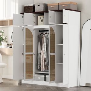 8 Door <b>Large</b> Capacity Armoire <b>Wardrobe</b> Closet 70.87\" Tall with Adjustable Shelves Rattan Decorative Doors Hanging Rod Included - Product Image 3