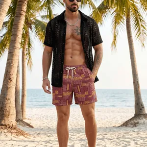 Geometric Print Drawstring Waist Pocket Casual Beach Shorts Holiday / Vacation / Beach / Hawaii / Tropical / Swim / <b>Bathing</b> - Product Image 4