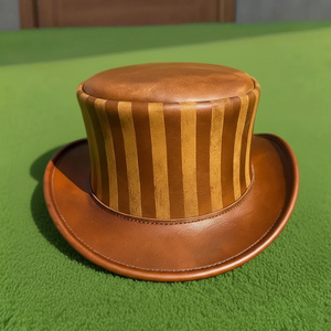 Premium quality custom made Handmade Striped brown Leather <b>Top</b> Hat Steampunk Victorian Cosplay - Product Image 1