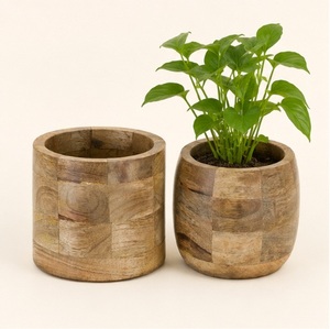 Maceta Redonda de Madera de Mango Hecha a Mano, Diseño a Cuadros Ecológico, Maceta para Escritorio, Decoración del Hogar y Hoteles, Soporte de Madera para Plantas - Product Image 1