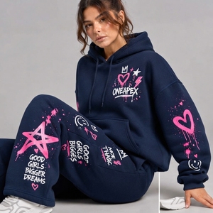 Women's Navy Blue Graphic Hoodie <b>Tracksuit</b> <b>Set</b> <b>Pink</b> Heart Star Print Wide Leg Pants Streetwear Two Piece Outfit - Product Image 5