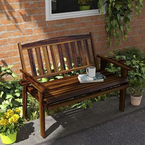 Banc de patio en bois au fini carbonisé durable avec dossier et accoudoirs à lattes pour extérieur, pelouse, parc, terrasse, centre commercial, cour - Product Image 2