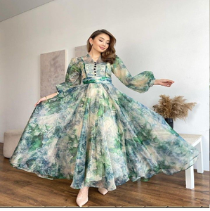 Robe trapèze élégante à motifs turquoise pour une mode sobre, disponible à prix de gros pour les commandes en gros. - Product Image 1