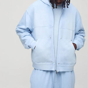 Survêtement unisexe bleu clair à capuche et fermeture éclair, 100 % coton, manches longues, couleur unie, coupe décontractée, idéal pour l'automne - Product Image 4