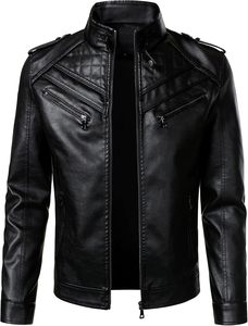 <b>Men's</b> Classic Black PU Faux <b>Leather</b> Biker <b>Jacket</b> Stand Collar Snap Button Quilted Shoulder Multi Zipper Moto Style OEM Custom - Product Image 4