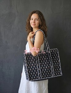 Bolso Tote de Algodón Acolchado con Estampado Jaipuri Hecho a Mano, Asas a Rayas, Cremallera Floral, Estilo Étnico Bohemio Festivo para Mujer - Product Image 1