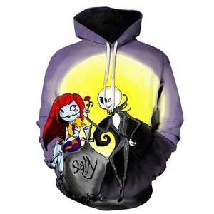 Sweat-shirt à capuche imprimé dessin animé Jack Skellington et Sally pour homme, pull décontracté d'automne, coupe oversize, tricoté 100% coton, effet bouffant - Product Image 1