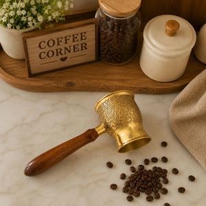 Traditional <b>Coffee</b> Brewing Cezve With Engraved Metal Body And Wooden Handle - Product Image 6