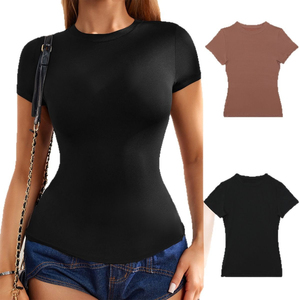 Camisetas Cortas Ajustadas para Mujer, de Secado Rápido, Transpirables, Elásticas, de Algodón/Bambú, Casuales, con Decoración de Letras - Product Image 5