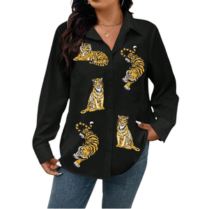 เสื้อเชิ้ตผู้หญิงลำลอง ปักลายเสือด้านหน้า งานแฮนด์เมด ผ้าฝ้ายระบายอากาศดี แขนยาว ปกคอเสื้อพับได้ เหมาะสำหรับวันพักผ่อน - Product Image 1