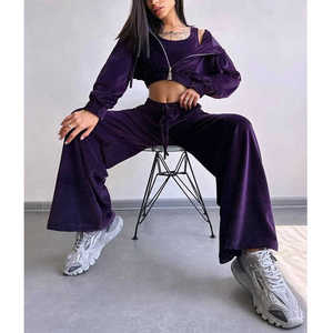 Heavyweight 400g Streetwear Wash <b>Crop</b> Zip up Flare <b>Jogger</b> Set Tracksuit Drawstring Hoody Y2k Women's Custom Logo Women Tracksuit - Product Image 2