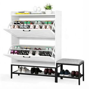 Meuble à chaussures style porte de grange, 2 compartiments rabattables avec cloison et pieds en métal grillagé, coussinets souples, 1 crochet, étagères à chaussures - Product Image 4