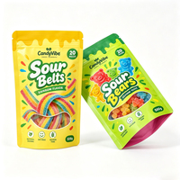 Sachet Doypack Mylar à fermeture éclair avec fenêtre transparente et encoche de déchirement, pour bonbons gélifiés, avec logo imprimé personnalisé, pour bonbons gélifiés à la fraise