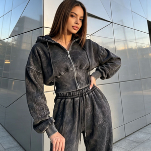 Custom Cotton Fleece Ladies 2 Piece Hoodie Set <b>Women's</b> Distressed Acid Washed <b>Zip</b> <b>up</b> Crop <b>Top</b> and Jogger - Product Image 6