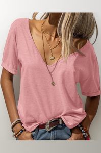 Camiseta de Manga Corta para Mujer, Cuello en V, Algodón, Corte Ajustado, Estampado Sólido, Textura Arrugada, Encaje - Product Image 4