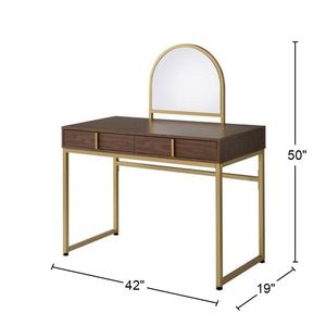Walnut and Gold 2-<b>Drawer</b> Vanity Desk with Mirror and Jewelry <b>Tray</b> for Makeup Vanities - Product Image 3