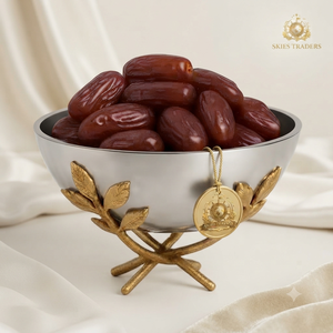 Bol en métal doré avec support en bois en forme de croix, vaisselle de luxe, centre de table, plat de service pour fruits et dattes, présentoir pour l'hospitalité du Ramadan - Product Image 4