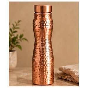Aesthetic <b>Copper</b> <b>Water</b> <b>Bottle</b> With Diamond Hammered Finish Portable Drinkware For Travel Modern Design Style Lids Included - Product Image 4