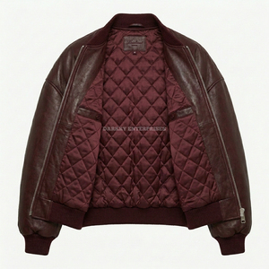 Custom Men <b>Burgundy</b> Bomber <b>Leather</b> <b>Jacket</b> Wholesale Oversized Sheepskin Flight Coat Winter Warm Padded Puffer Outwear - Product Image 3