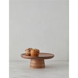 Support à gâteau en bois fait main, plateau rond en bois d'acacia pour servir les desserts, plateau alimentaire avec base cannelée pour la maison ou les restaurants - Product Image 1