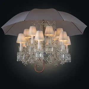 Lustre en cristal importé à 18 lumières, au design original, avec abat-jour plissés blancs en forme de parapluie et poignée en cuivre, décoration artistique excentrique - Product Image 3